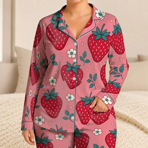 Strawberry Blossom Pink Fruit Motif for Cozy Bedtime and Relaxed Women’s Lounging Satin Pajamas Set