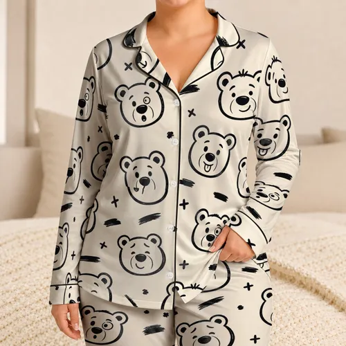 Playful Black Teddy Bear Faces For Cozy Sleepwear Lovers And Cute Gifts For Women Satin Pajamas Set