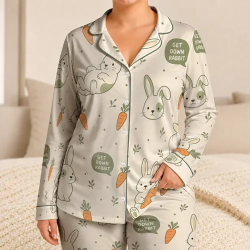 Cute Sage Green Rabbit and Carrot Motifs for Spring Summer Relaxing at Home Women Satin Pajamas Set