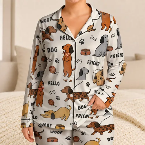 Dachshund Dog Paw And Bone Sleepwear Set For Cozy Lounging Women Satin Pajamas Set