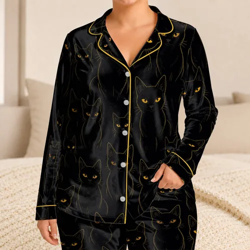 Elegant Midnight Black Cats for Cozy Halloween Nights, Lounge Days, and Cat Lovers Satin Pajamas Set