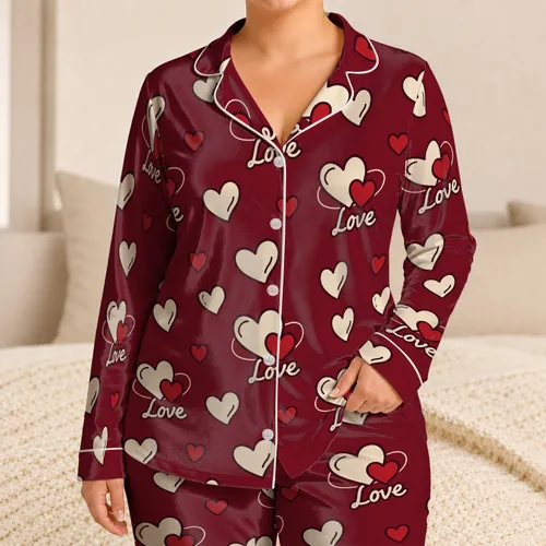 Wine Red Hearts And Love Script For Cozy Nights, Romantic Lounging, And Relaxing Evenings Satin Pajamas Set