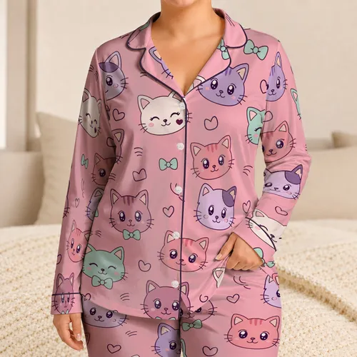 Kawaii Pastel Kitten Heads For Cheerful Cozy Sleepwear For Cat Lovers Satin Pajamas Set