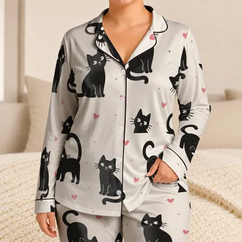 Black Cats And Pink Hearts Cozy Sleepwear Gift For Cat Lovers Satin Pajamas Set
