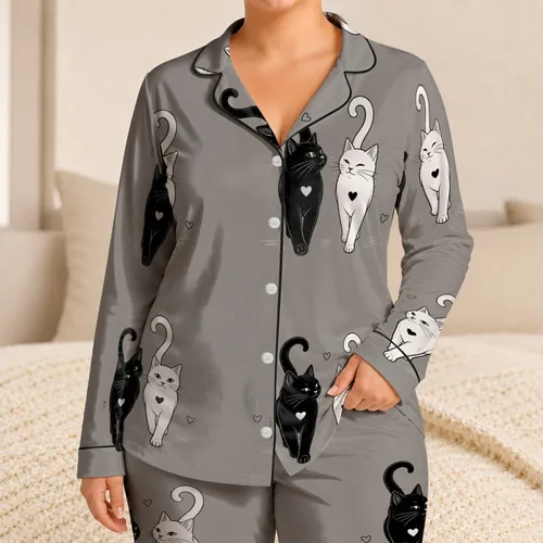 Monochrome Cat Pairs With Heart Details For Cozy Evenings At Home And Feline Lovers Satin Pajamas Set