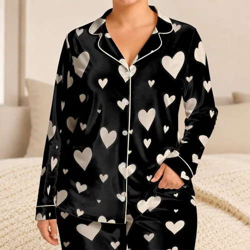 Ivory Hearts on Black for Valentine's Day Sleepwear, Cozy Romantic Lounging Satin Pajamas Set