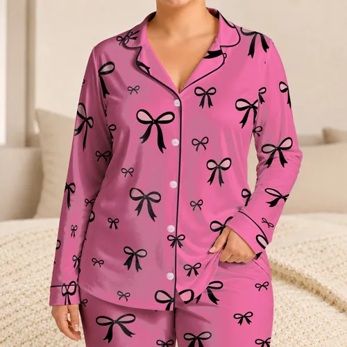Elegant Black Ribbon Bows on Candy Pink for Cozy Sleepwear Gifts for Women and Teens Satin Pajamas Set