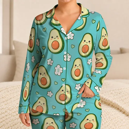 Cute Smiling Avocado And Daisy Kawaii Motifs For Cozy Sleep And Relaxation At Home Satin Pajamas Set