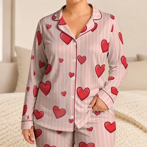 Red Hearts On Blush Pink Stripes For Valentine Lounge Nights And Romantic Gifts For Women Satin Pajamas Set