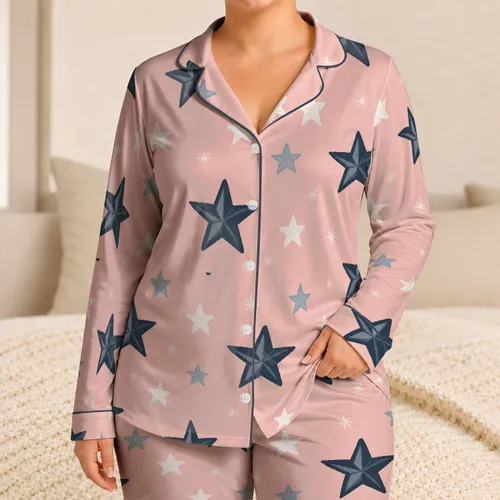 Blush Pink And Charcoal Five Point Stars For Cozy Autumn Winter Nights For Women Satin Pajamas Set