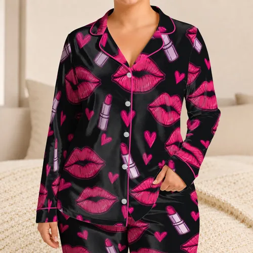 Hot Pink Lips And Hearts Flirty Sleepwear For Women Valentine Nights Satin Pajamas Set
