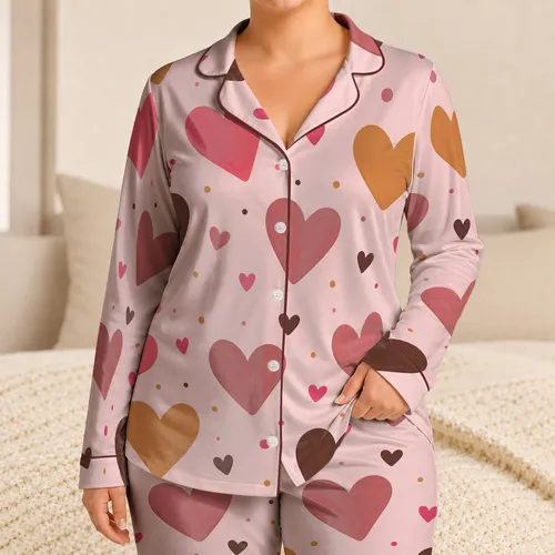 Blush Pink Folk Hearts for Cozy Valentine’s Day Lounging and Relaxed Evenings at Home Satin Pajamas Set