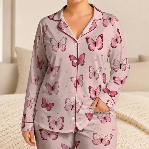 Rosy Butterfly Motif For Cozy Bedtime Relaxation At Home For Women And Teen Girls Satin Pajamas Set