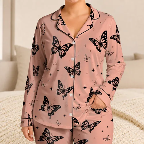 Elegant Black Butterflies And Peach Sparkles For Women's Cozy Nighttime Lounging Satin Pajamas Set