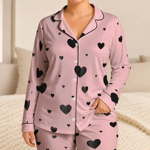 Blush Pink Black Heart Tossed Motif For Valentine Lounge Gifts For Women And Teens Satin Pajamas Set