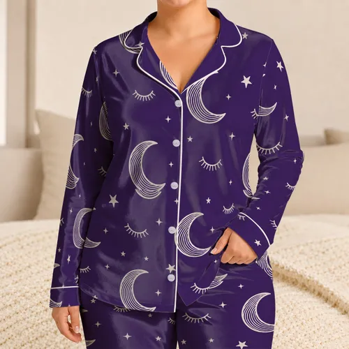White Crescent Moon And Eyelash Stars For Cozy Bedtime Relaxation And Home Comfort Satin Pajamas Set