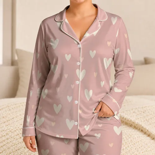Ivory Mini Hearts on Dusty Blush for Romantic Lounging and Cozy Evenings for Women Satin Pajamas Set