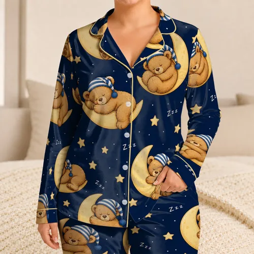 Sleepy Teddy Bears With Crescent Moons For Cozy Bedtime Nights And Relaxing Evenings Satin Pajamas Set