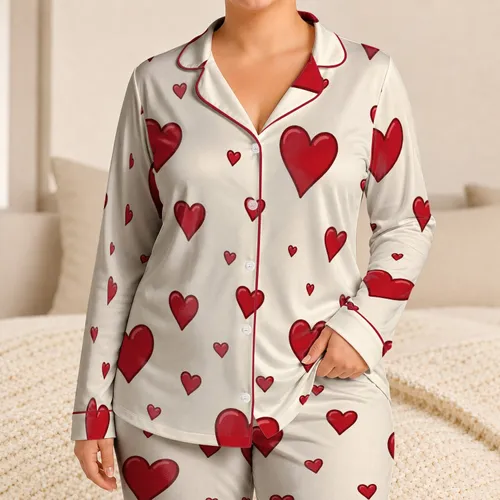 Crimson Red Heart Motifs On Ivory For Romantic Valentine’s Day Lounging At Home Women Satin Pajamas Set