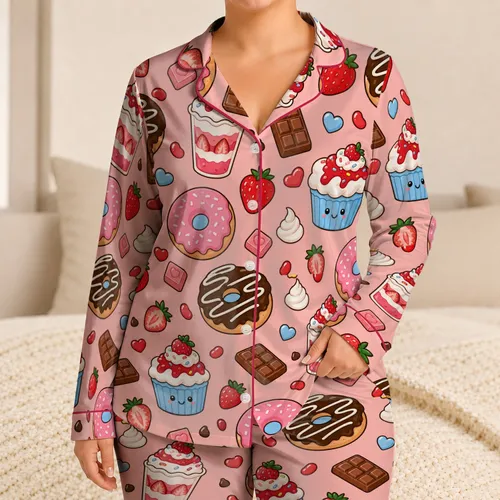 Kawaii Donuts Strawberries Cupcakes Sweet Treat Motifs For Cozy Nights Gift Seekers Satin Pajamas Set
