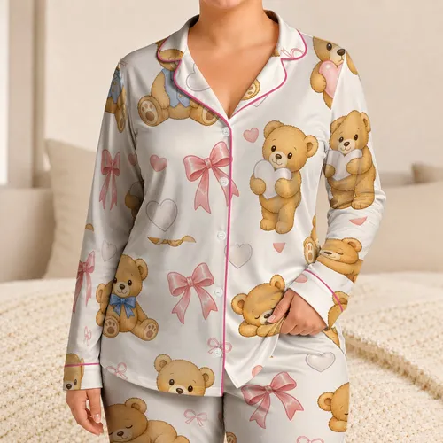 Cute Teddy Bears With Pink Bows and Hearts for Cozy Spring Summer Nights for Women Satin Pajamas Set