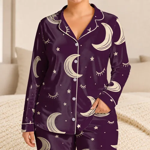 Ivory Crescent Moon And Sleepy Eyes Night Sky Sleepwear For Women Satin Pajamas Set