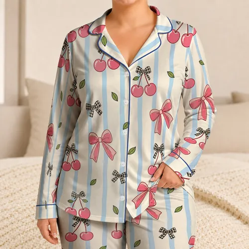 Pink Cherry And Bow Stripe Spring Sleepwear For Women Satin Pajamas Set