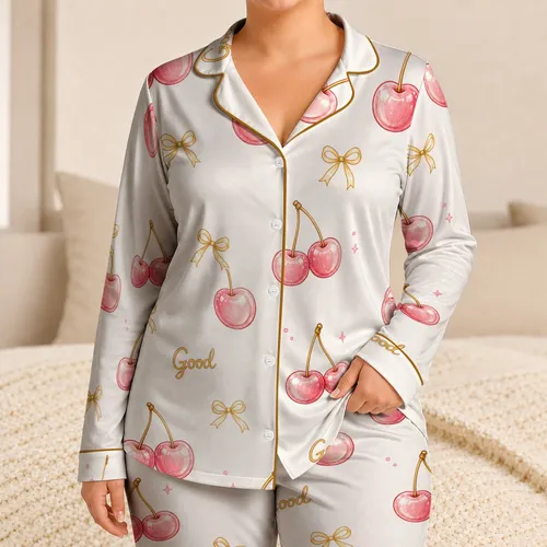 Blush Pink Cherries And Honey Gold Bows For Cozy Spring Lounging At Home For Women Satin Pajamas Set