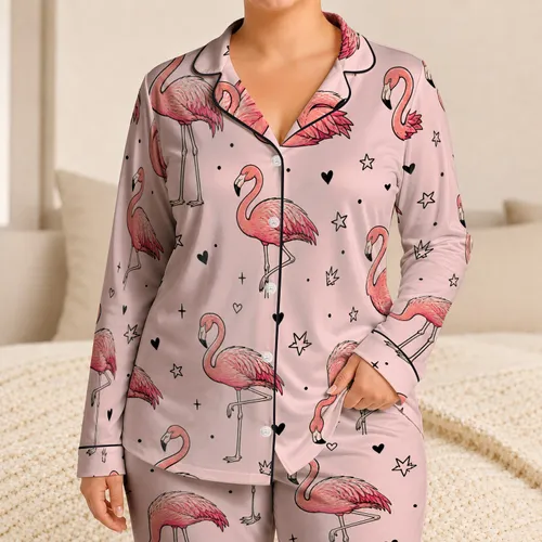 Pink Flamingos With Black Hearts For Women's Cozy Nights, Lounging And Gift Giving Satin Pajamas Set