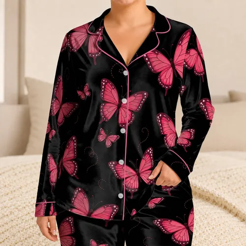 Pink Butterflies on Black for Cozy Home Lounging and Relaxed Evening Wear for Women Satin Pajamas Set