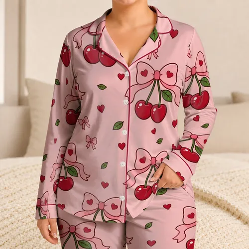 Cherry Bow Heart Motif for Romantic Lounging, Bridal Weekends and Gift Giving Moments Satin Pajamas Set