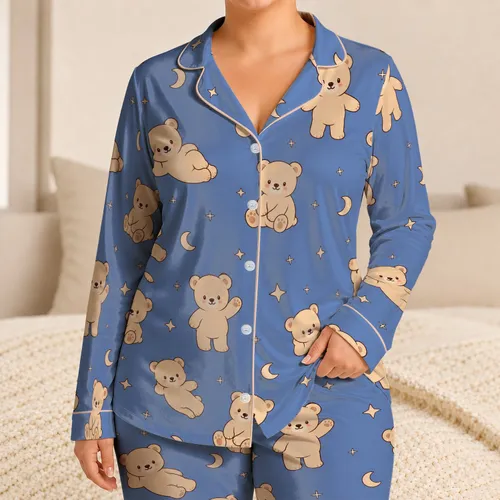 Kawaii Teddy Bears And Moon Night Sky Sleepwear For Women Cozy Loungewear Satin Pajamas Set