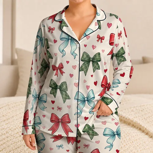 Red Aqua Green Ribbon Bows And Hearts For Valentine Lounge Gifts Satin Pajamas Set