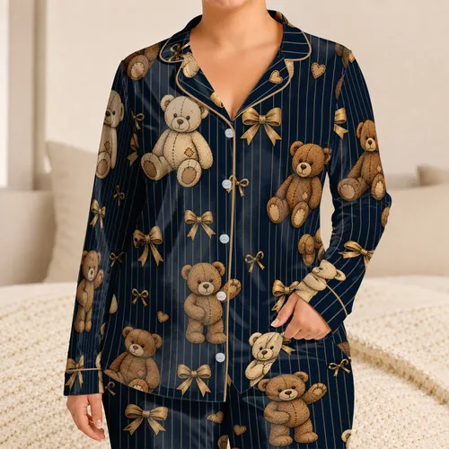 Vintage Teddy Bears And Gold Bows For Cozy Evenings And Relaxed Home Lounging For Women At Night Satin Pajamas Set