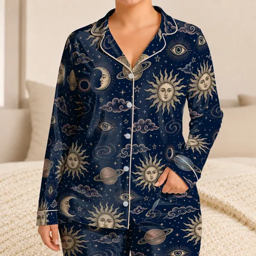 Celestial Sun Moon Eye Motifs For Mystical Nighttime Lounging And Starry Dreamers Satin Pajamas Set