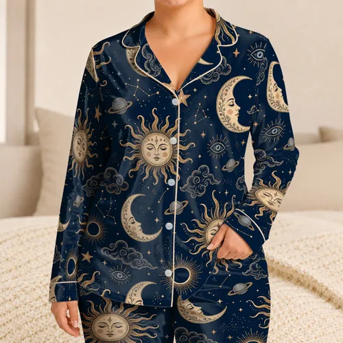 Celestial Moon Sun And Mystic Eye Motifs For Cozy Evening Nights And Astrology Lovers Satin Pajamas Set