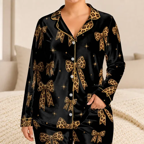 Leopard Bow And Gold Star Motif for Glam Sleepovers and Relaxed Nights for Stylish Women Satin Pajamas Set