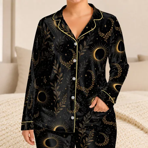 Golden Eclipse Botanical Celestial Motif For Mystical Evening Relaxation At Home Women Satin Pajamas Set