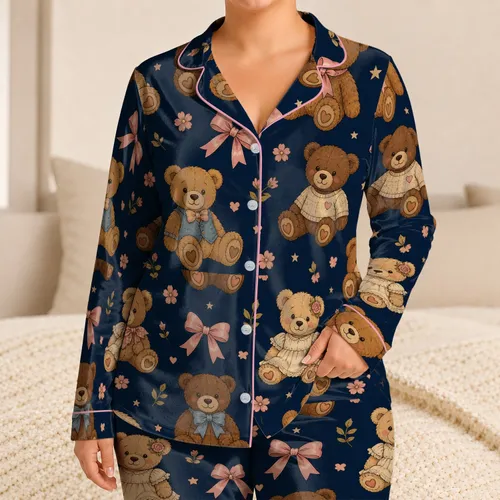 Vintage Teddy Bears With Pink Bows For Cozy Bedtime Lounging Gifts For Adult Women Satin Pajamas Set