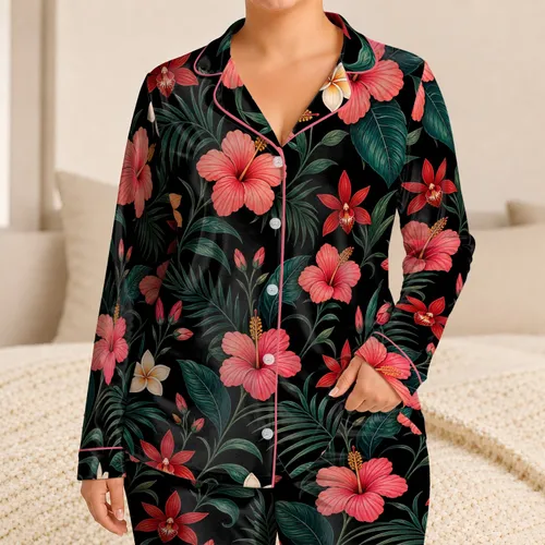 Coral Hibiscus Orchid Tropical Botanicals For Evening Relaxation And Home Lounging Satin Pajamas Set