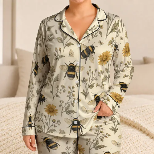 Vintage Bumblebee And Wildflower Meadow Garden For Relaxed Spring Summer Living Women Satin Pajamas Set
