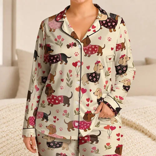 Dachshund Heart Balloon And Tulip Motifs For Valentine Lounge Lovers And Dog Moms Satin Pajamas Set