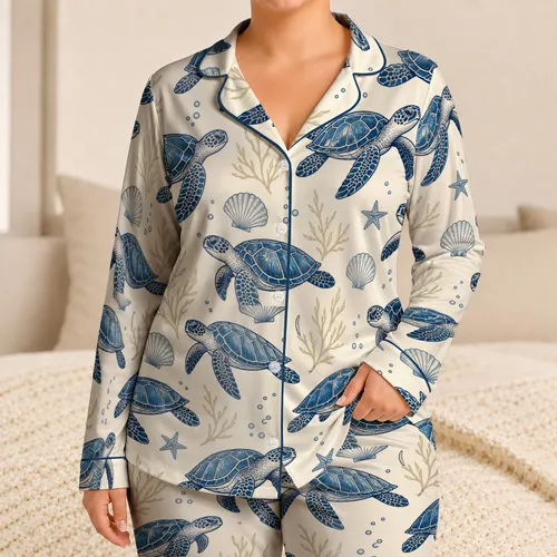 Sea Turtle Coastal Motif for Beach Getaways and Relaxed Evenings at Home for Women Satin Pajamas Set