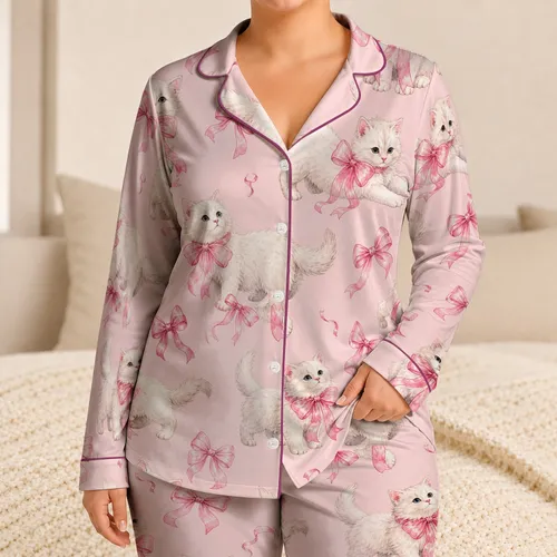 White Kittens And Raspberry Pink Bows For Sweet Cozy Lounge Days And Cat Lover Gifts Satin Pajamas Set