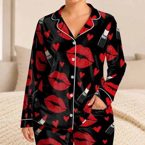 Red Kiss Marks Hearts And Lipstick For Romantic Valentine Nighttime Style For Women Satin Pajamas Set