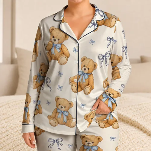 Cute Teddy Bear And Blue Bow Cozy Spring And Summer Home Loungewear Gift For Women Satin Pajamas Set