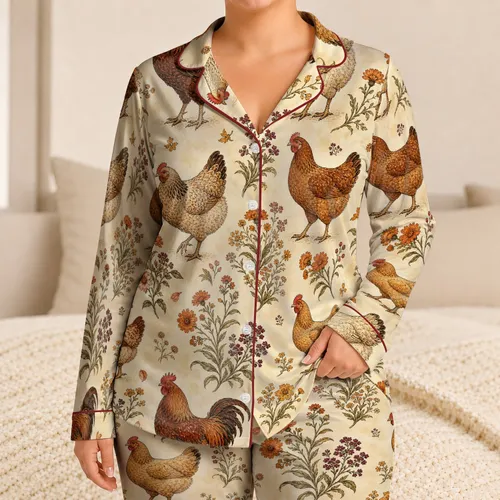 Vintage Farm Chicken And Wildflower Style for Cozy Spring Summer Home Lounging Gifts Satin Pajamas Set