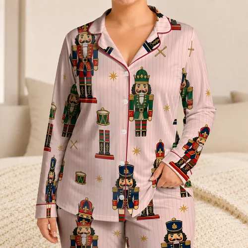 Vintage Nutcracker Soldiers On Pink Stripes For Christmas Morning Holiday Gift For Women Satin Pajamas Set