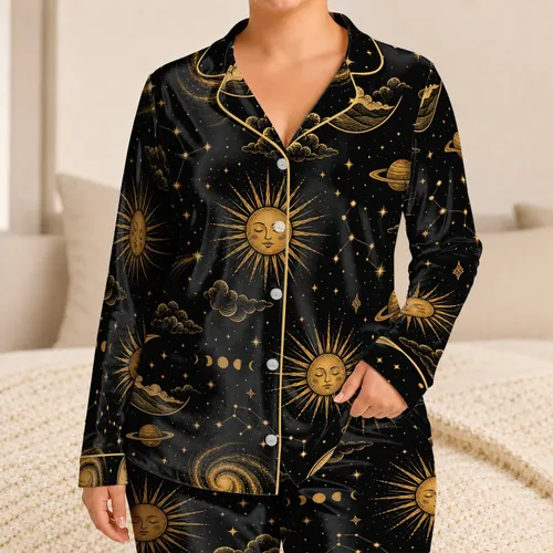 Vintage Celestial Moon Sun And Galaxy Motifs For Cozy Evening Relaxation For Women Satin Pajamas Set