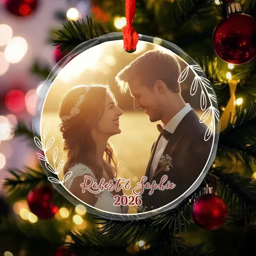 Personalized Couple Photo Glass Christmas Ornament For Couples, Custom Picture Keepsake Anniversary Gift